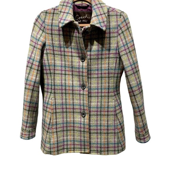 Coach Jackets & Blazers - Coach - Gray multicolored plaid button down Peacoat w/Purple lining